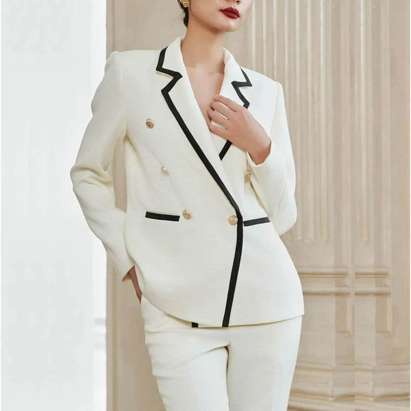 Elegant Double Breasted Notch Lapel Women's Formal Suits - Custom Made 2 Piece Office Outfit with Wide Leg Pants and Jacket